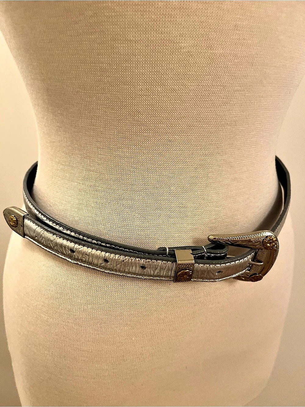 Vintage Silver Metallic Leather Western Style Belt Gold Accents Accessories of N